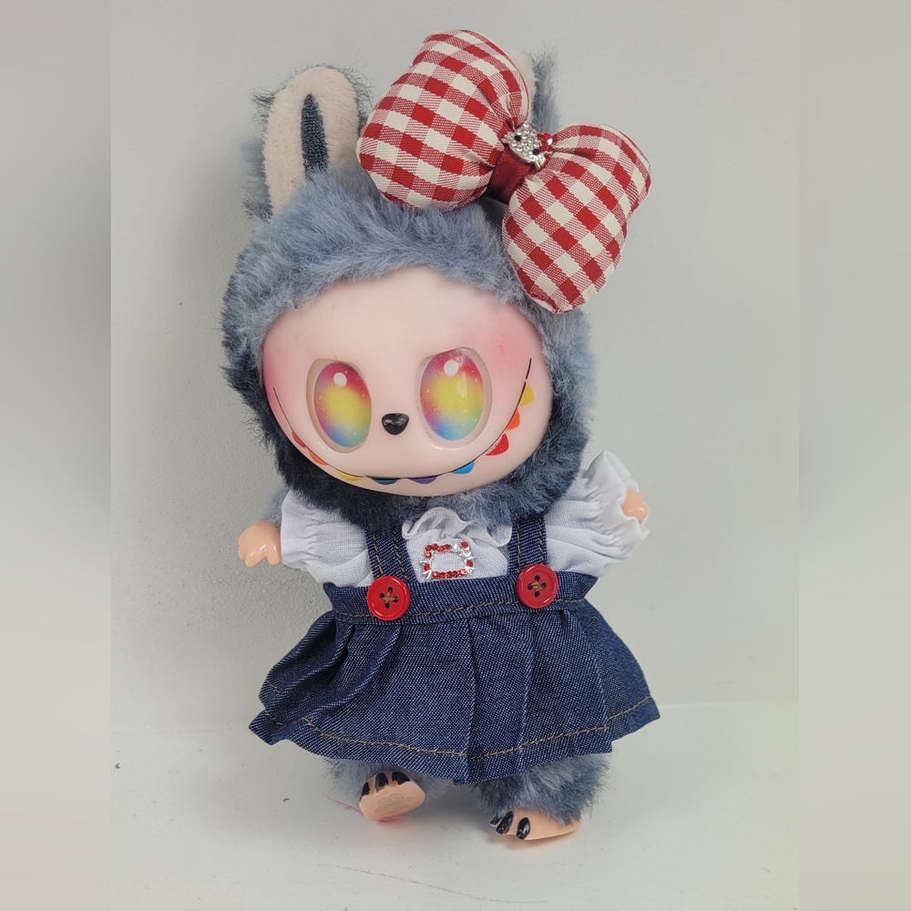 Labubu Hello Kitty Rhinestoned Denim Skirt,top & bow Outfit. Doll Not Included